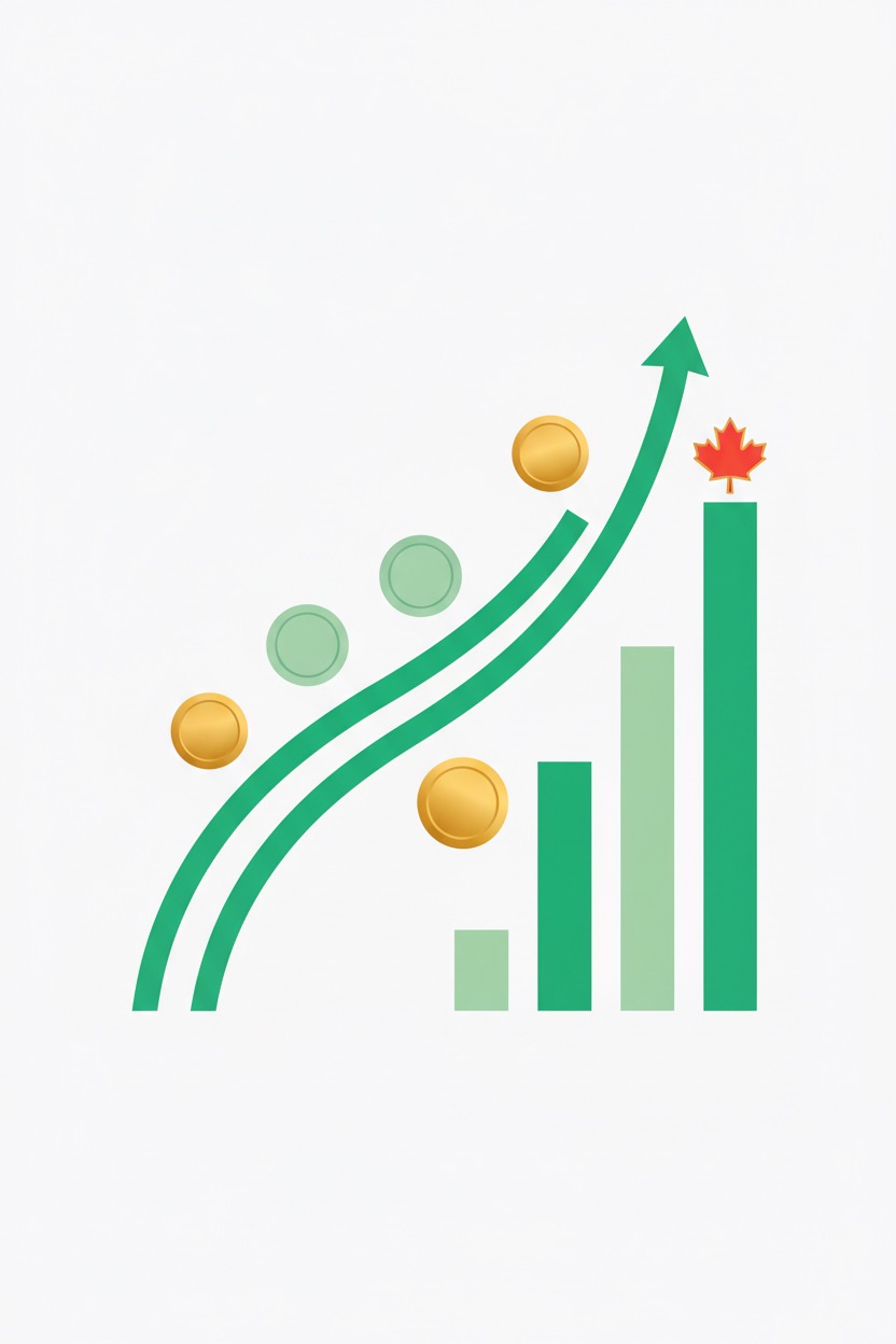 A rising bar chart and upward-curving green lines accompanied by floating gold coins and a Canadian maple leaf.